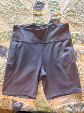 High-Waist Slate Blue Bike Shorts with Pocket Detail